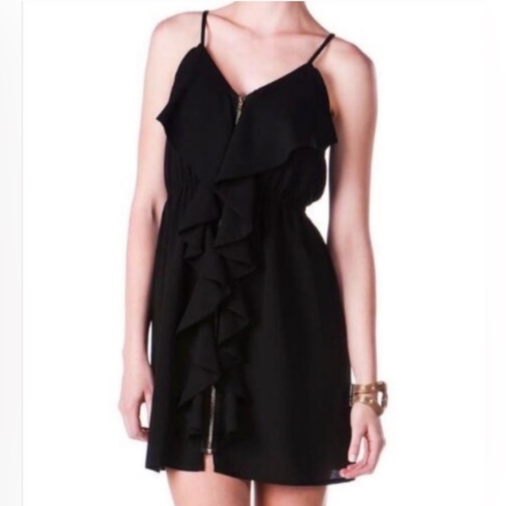 Francesca’s Alya black ruffle zip front dress